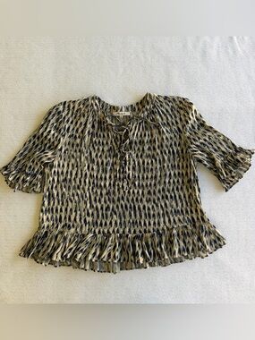 Madewell Navy and Cream/Beige Printed Tie-Neck Ruffle Blouse